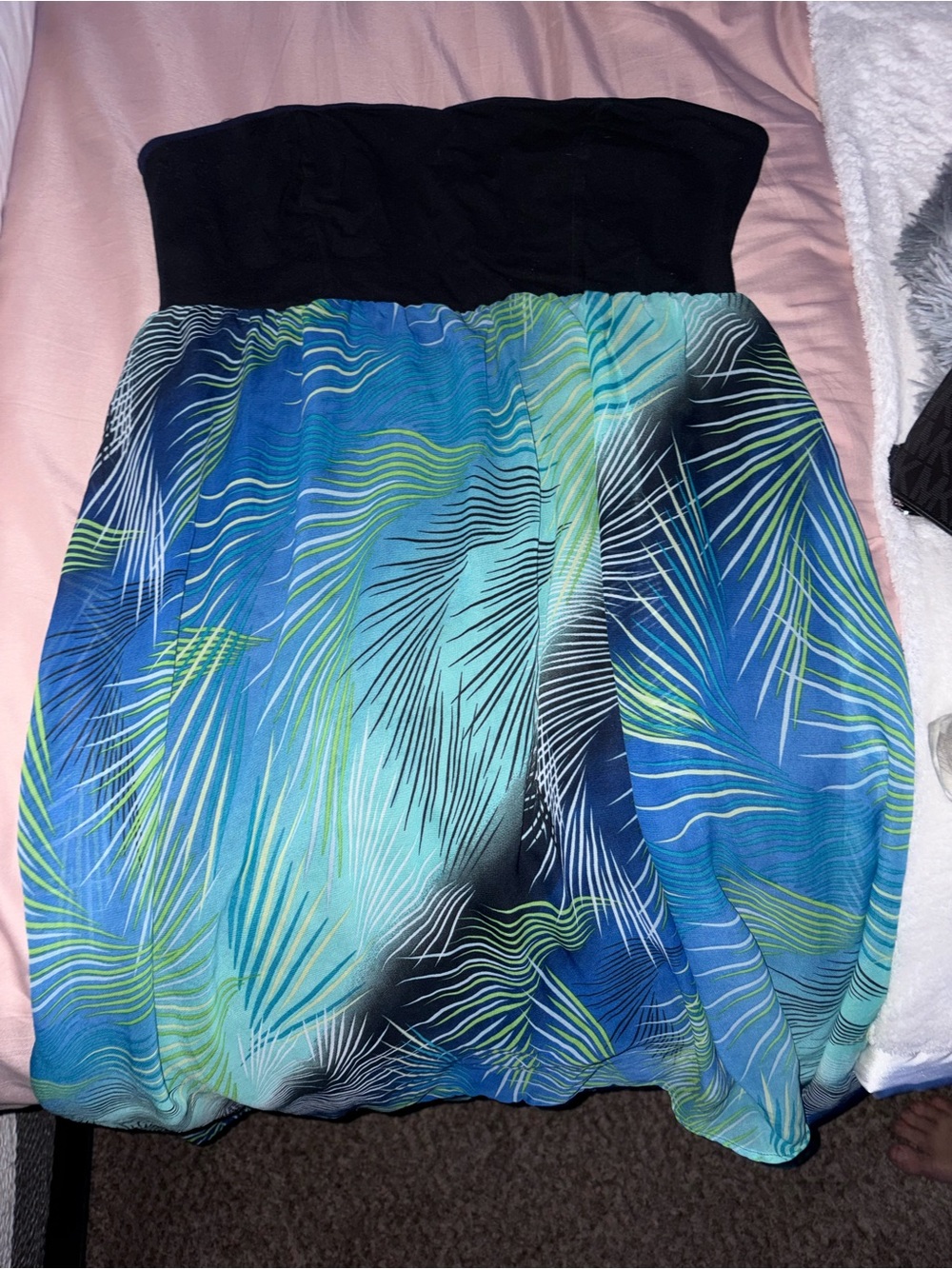 Women’s Strapless Tropical Bubble Dress - Black Bust, Blue/Green Print